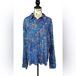 The Territory Ahead Embroidered Vibrant Blue and Gold Button Down Blouse size XL